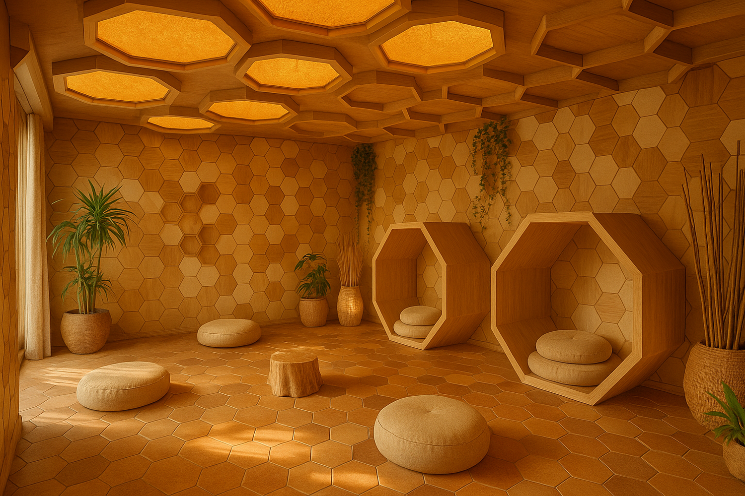wellness space inspired on a bee hive realistic